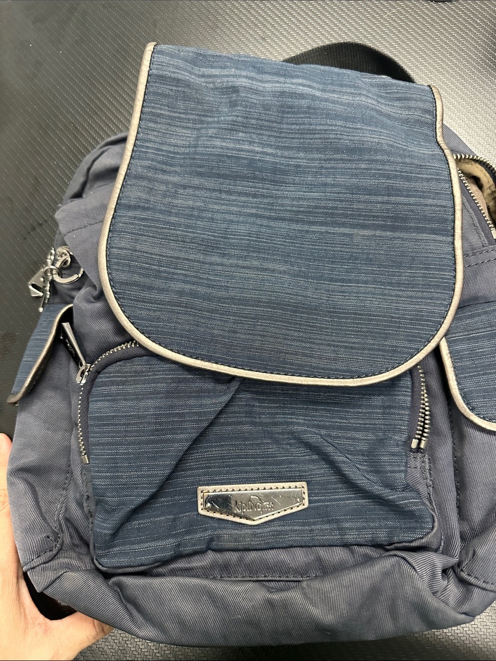 Kipling Denim-Effect Navy Backpack with Cream Trim